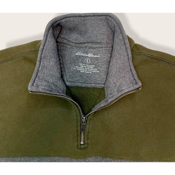 Eddie Bauer Men's Sweater - Quarter Zip - Pull Over - Green/Gray Stripe - Size L - Picture 3 of 4